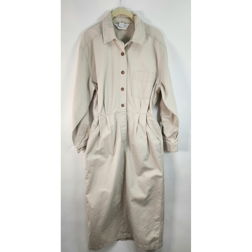 Vintage Land's End Shirt Dress Women's Petite 6 Midi Button Up Elastic Waist